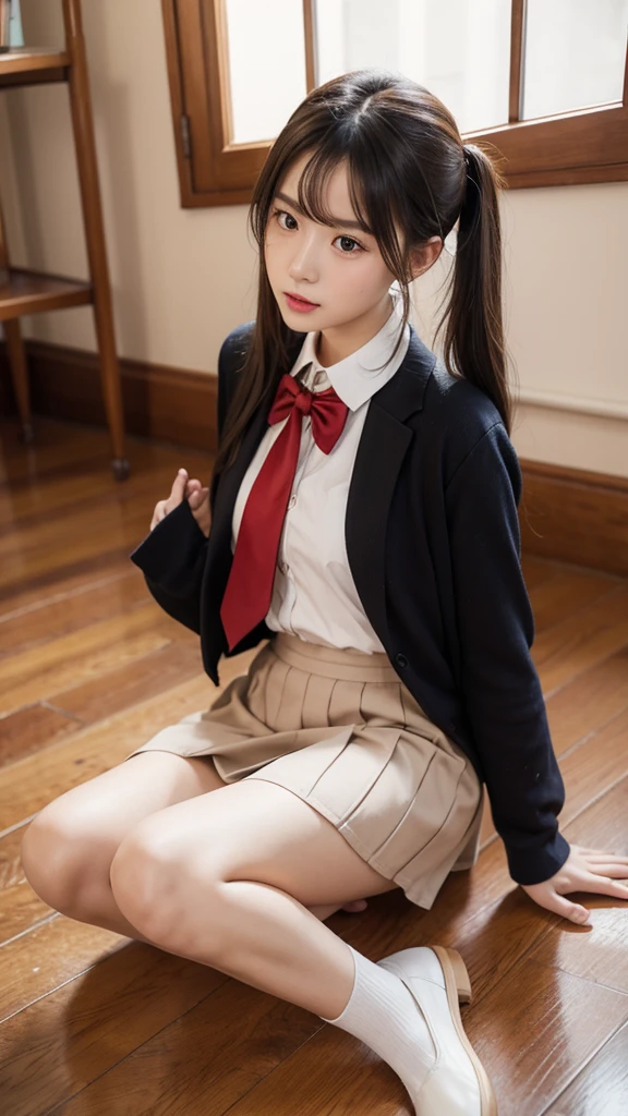 (masterpiece, highest quality:1.4), award-winning portraits, 8K, 85mm, alone, beautiful face, delicate girl, , (dark navy blazer jacket), dark navy skirt, long sleeve, violaces, gardenia, grace, Sophisticated, cute, teen, looking at the viewer, , Raw photo, disorganized, HDR, sharp focus, A bow tie, background bokeh、(((flat 、thin and delicate body、A childish atmosphere、sitting、basement)))、Her shiny semi-long hair is tied up、hair swaying in the wind、Mole on the left cheek、large, round, dark blue eyes、full body、random pose、Run、sprinting、Skirt fluttering in the wind、Junior idol、Nogizaka Idol、widening skirt、jump、mole under eye、sexy、No panties、legs open