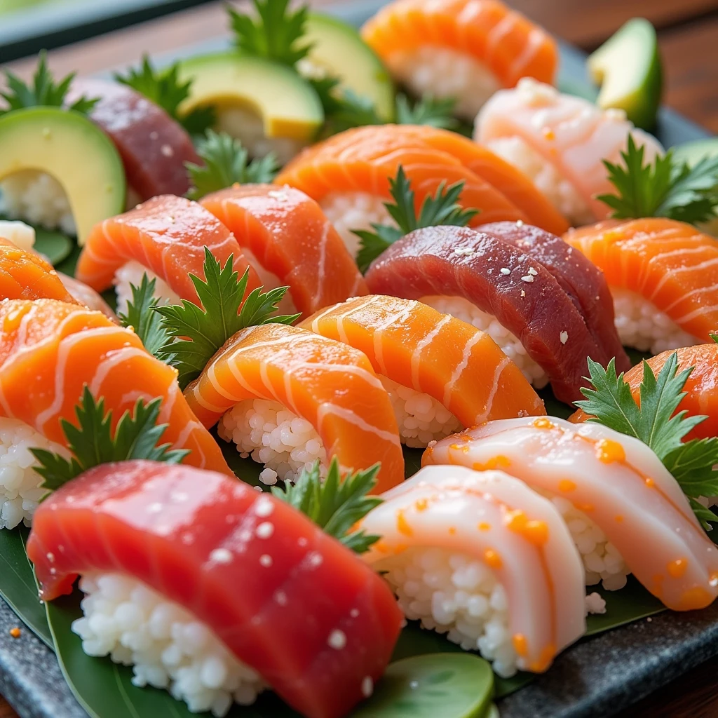 Various Japanese sushi ，Including freshly sliced sashimi， such as salmon and tuna ， elegantly arranged on vinegared rice ， with delicate avocado and cucumber slices，Natural Light，Commercial Photography，HD， textures and contrasts 。