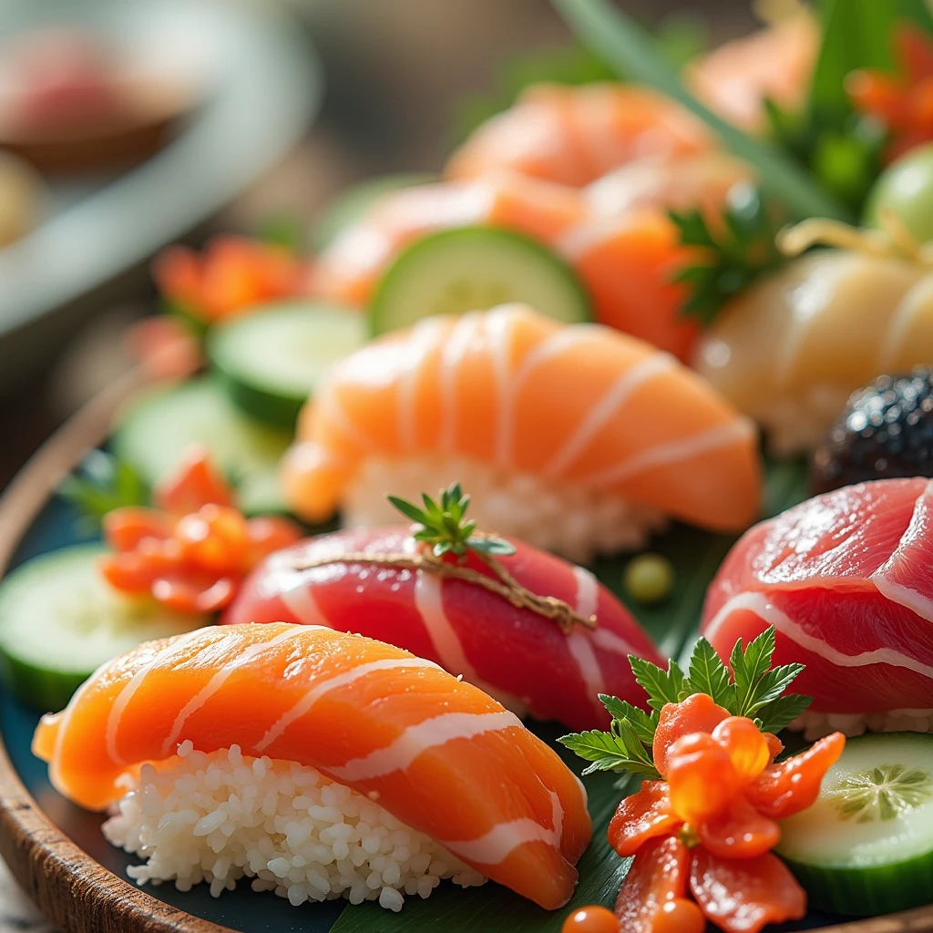 Various Japanese sushi ，Including freshly sliced sashimi， such as salmon and tuna ， elegantly arranged on vinegared rice ， with delicate avocado and cucumber slices，Natural Light，Commercial Photography，HD， textures and contrasts 。