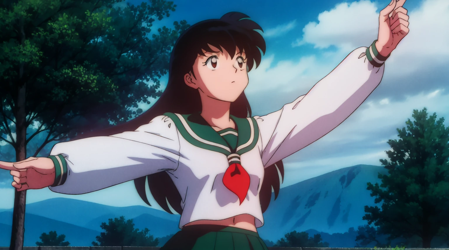 1girl, solo, outdoors, long hair, brown eyes, school uniform,(Masterpiece: 1.6, Best Quality), (Fine Beautiful Eyes: 1.2), (best quality, masterpiece, higher), green school uniform, soft thighs , long sleeves, white socks, scenery , Best Quality, ((anime)) ((Colored)) HD, Kagome Higurashi ,school uniforms, Standing, Green skirt, Red scarf, long hair, Black hair between the eyes, Thighs are soft, school background , black hair, skirt ,standing, green skirt, serafuku, belly button, pop, stretching, both arms up high, white background