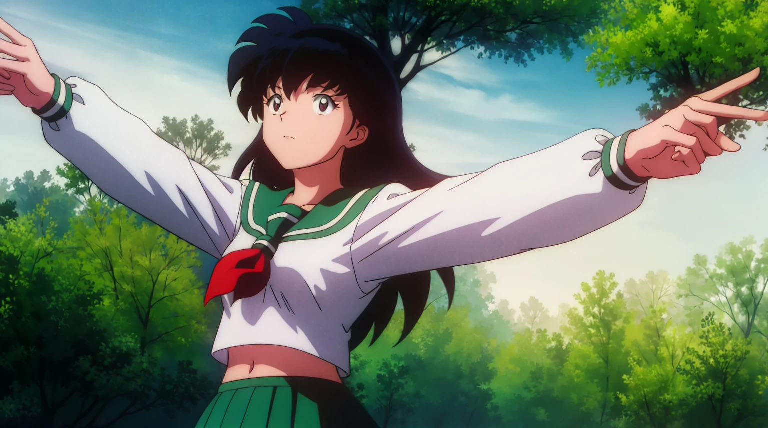 1girl, solo, outdoors, long hair, brown eyes, school uniform,(Masterpiece: 1.6, Best Quality), (Fine Beautiful Eyes: 1.2), (best quality, masterpiece, higher), green school uniform, soft thighs , long sleeves, white socks, scenery , Best Quality, ((anime)) ((Colored)) HD, Kagome Higurashi ,school uniforms, Standing, Green skirt, Red scarf, long hair, Black hair between the eyes, Thighs are soft, school background , black hair, skirt ,standing, green skirt, serafuku, belly button, pop, stretching, both arms up high, white background