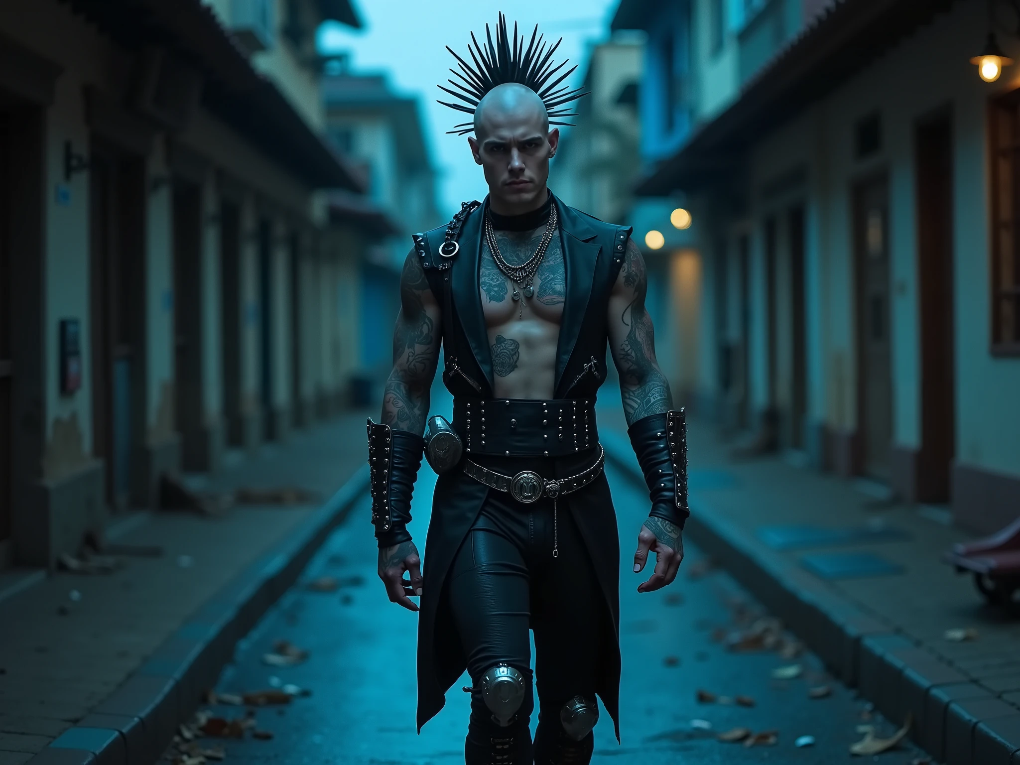 dutch angle of In a surreal and otherworldly scene, a Necromancer with razor-sharp teeth and piercing copper eyes stands tall in the middle of a dimly lit room. His jawline is contorted with intricate patterns, and his arms are outstretched as if ready to take flight. The background is a mix of swirling colors and geometric shapes, making this an intriguing movie for any viewer. (key visual, cinematic blue Color grading), purple film grading, directed by Bong Joon-ho Classic Ektar, retro, historic, f/12.5, cool shadows, warm highlights, soft focus, vignette, film grain, analog, bokeh