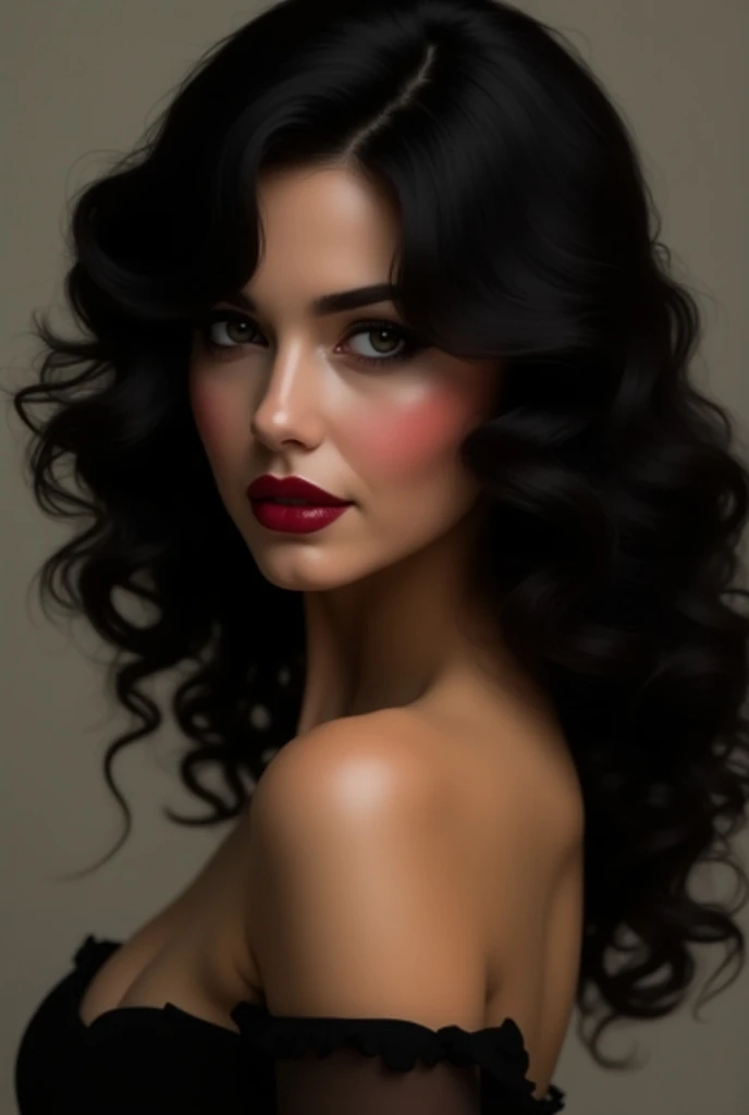 Create an image of a stunningly beautiful perfect sexy Irish girl, Stunningly gorgeous beautiful perfect sexy face, perfect makeup, lipstick, curved eyebrows, long luscious eyelashes, black eyeliner, long luscious hair, seductive eyes, hour glass body figure, natural breats, showing clevage, long sexy dress,