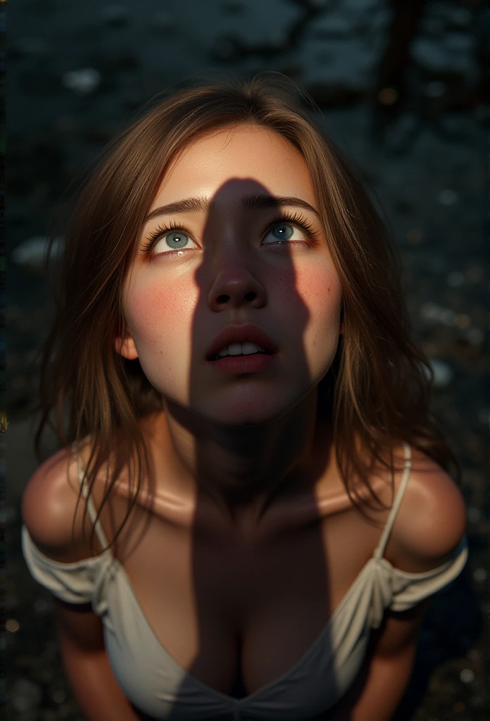 a beautiful girl, kneeling in front of the viewer, huge shadow of a penis over her face, she gazes up at the penis in awe, detailed facial features, photorealistic, dramatic lighting, high quality, 8k, hyper detailed, masterpiece.