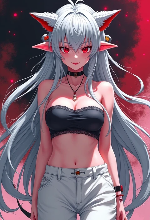 Fantasy, One girl, crotch, cottage, elf, (bikini)), white hair, red eyes, navel, braid, nude, (masterpiece, best quality), horizontal lightning, thin and beautiful eyes, angry face, slave chain, slave collar, lying down, maid, white eyes, tongue sticking, upper tongue, madness, open mouth, scream, ah-face, rough breathing, blush, sweat,