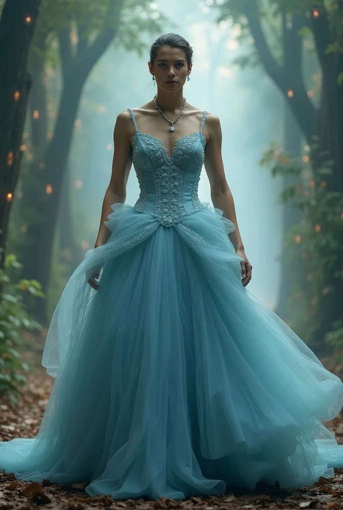A young woman with a graceful and delicate appearance, with blonde hair tied in an elegant bun and wearing a stunning light blue dress, adorned with light-reflecting crystals. She is standing on a marble staircase, with a glass slipper in her hand. Ao fundo, a grand ballroom lit by golden chandeliers, with guests in formal attire. The expression on Cinderella&#39;s face is one of hope and enchantment.. realistic styling, 8k, with attention to the details of the dress, of the glass slipper and the luxurious setting.