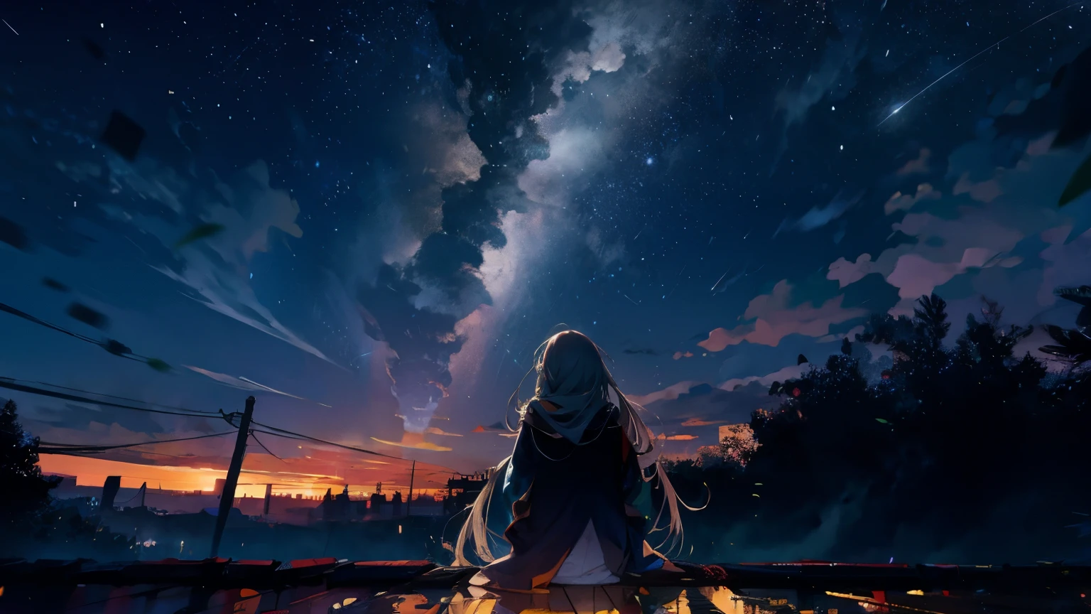 octans, null, star (null), scenery, starry null, night,  1 girl, night null, Alone, Outdoor,  building, cloud, milky way, Sitting, tree, Long Hair, city, silhouette, cityscape、Silver Hair、tobacco