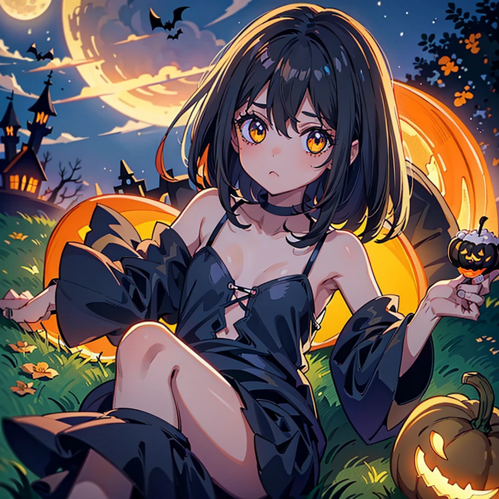 cute neat face、 Cute Little Pumpkins cosplay、Best Quality、Masterpiece、The best composition、Halloween、 trick or treat、 Orange and Black Goth Outfit 、Aurora、Moon with the Shadow of a Bat 、ruined castle background 、 Best Details、sugar_Rune,orange neon light、