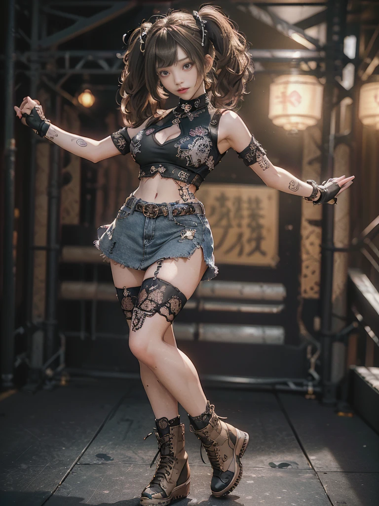 (Full Body View:1.2)、(Side view:1.1)、(Smiling with teeth showing:1.3),(Shibuya Gal:1.5)、(Beautiful hookers in Las Vegas:1.4)、(Neo-Goth Fashion:1.5)、(Punk RockVisual Kei:1.3)、(Futuristic white, black and denim bodysuit:1.5)、(A delicate denim and white cardigan:1.5)、(Gorgeous decorated corset:1.4)、(denim garter belt:1.5)、(Denim and white cargo pants:1.3)、(Heart-shaped silver accessories:1.5)、(Brown Skin Belt:1.4)、(Blue High Heels:1.4)、(Lace underwear:1.4)、20-year-old、Browsing Caution,((Highest quality、In 8K、masterpiece:1.3))、Sharp focus:1.2、(Layered Cut、Huge breasts:1.1),Beautiful woman with perfect figure:1.4、(Doing an aerobics pose:1.3)、Slim Abs:1.2、Butt、Highly detailed face and skin texture、Fine grain、double eyelid,(Twin tails:1.3)、(Brownish golden hair:1.3)、Obscene、Idol Sculpture、(The background is a sunny fashion show stage.:1.3)、(Slimming your legs:1.4)、(The body is slim:1.3)、(clavicle:1.1)