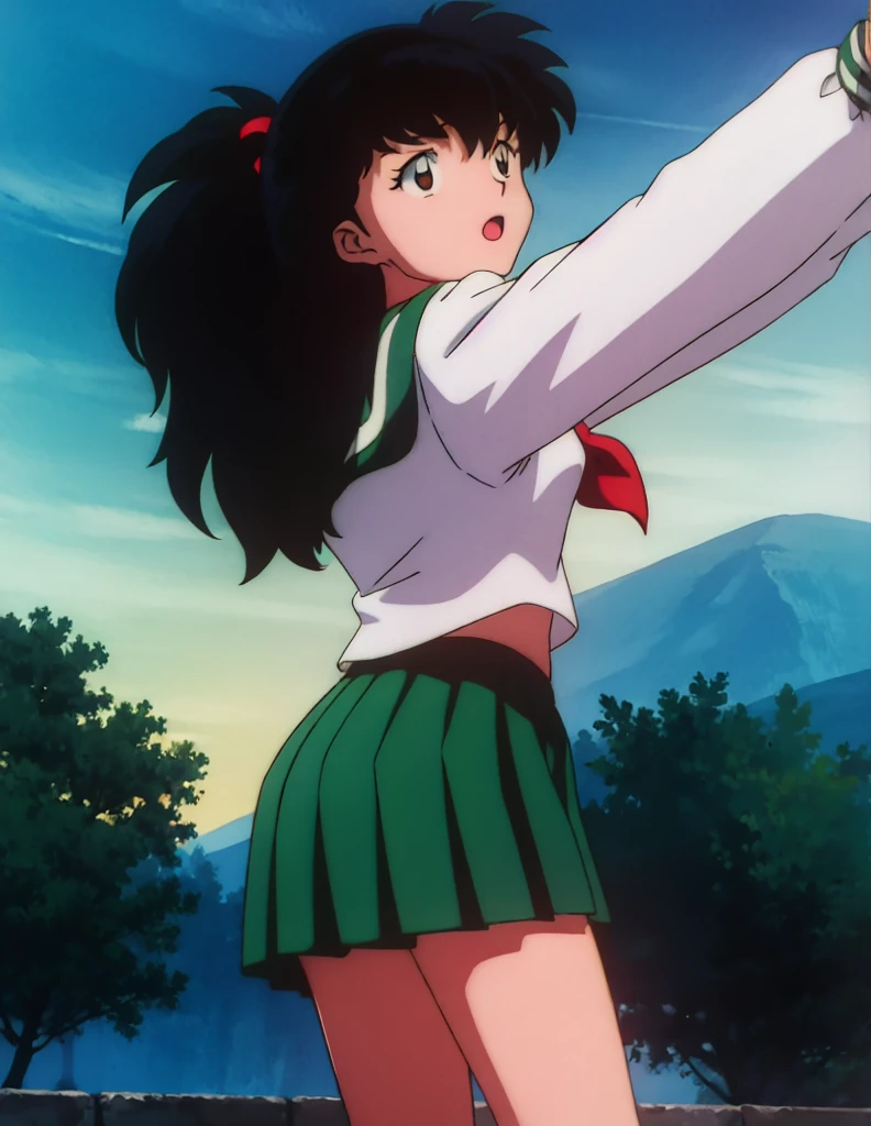 1girl, solo, outdoors, long hair, brown eyes, school uniform,(Masterpiece: 1.6, Best Quality), (Fine Beautiful Eyes: 1.2), (best quality, masterpiece, higher), green school uniform, soft thighs , long sleeves, white socks, scenery , Best Quality, ((anime)) ((Colored)) HD, Kagome Higurashi ,school uniforms, Standing, Green skirt, Red scarf, long hair, Black hair between the eyes, Thighs are soft, school background , black hair, skirt ,standing, green skirt, serafuku, belly button, pop, stretching, both arms up high, feather on belly button, mad