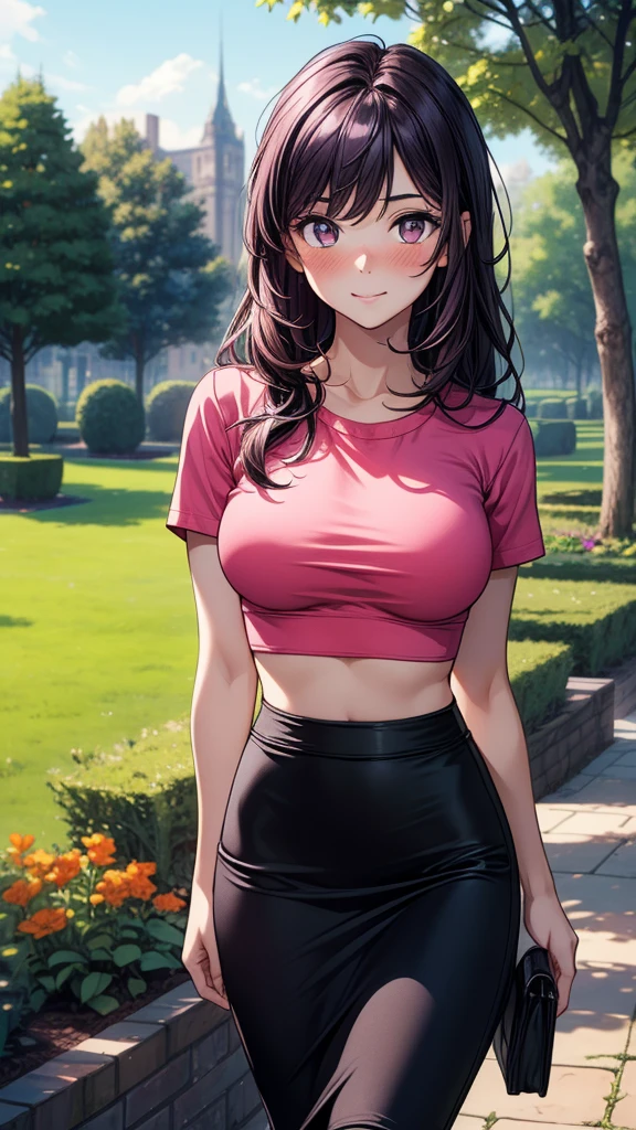 masterpiece, best quality, high detail, beautiful woman, wavy hair, dark brown hair, large bust, red t-shirt, long black pencil skirt, midriff, upper body, sneakers, looking at viewer, light smile, garden, backyard,