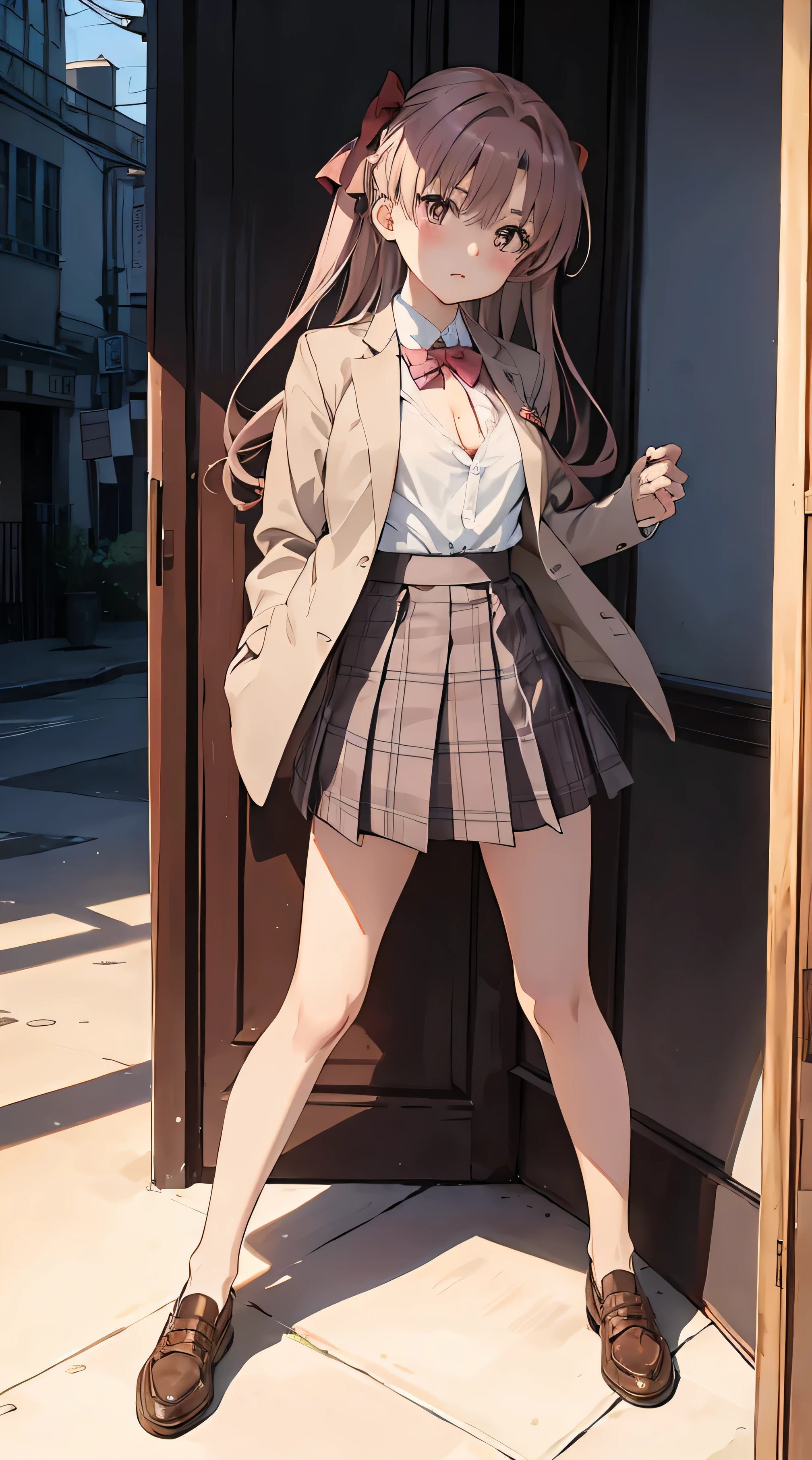 NSFW, highest quality, best image quality, 4k, {Shirai Kuroko}, white shirt, beige blazer, brown pleated plaid skirt, {undressing}, undressing skirt, {{taking off her skirt}}, view behind, beautiful ass,{{beautiful pink bow panties}}, small breasts, standing, {full body}, beautiful legs, bow panties, dress room