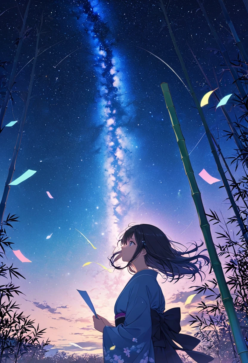 ((pastel))、One woman,kimono,Tanabata,Paper is attached to bamboo , blowing in the wind,Night Sky,milky way, seen from afar ,A touching scene