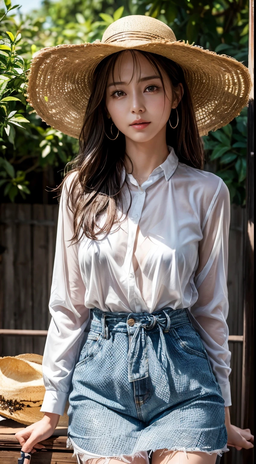 cowboy shot 、(Farmer)、agriculture、((Tractor))、(((There is a spade and a hoe)))、Muddy、農場でbeautiful女性の肖像画:1.6 , (Straw hat), Fringe vest , ((Long sleeve flannel shirt)), scarf , , black shorthair from face to face 、((Brown Skin))、((Simple and good)), High Resolution 、 High Resolution 、In 8K、 real live action、RAW Photosgraphy、Best Quality、masterpiece、Tabletop、 Erotic,(Sunburned skin),Knee, absurd,Small Face、Big Breasts,masterpiece,Best Quality、超A High Resolution ,RAW Photos,only,beautiful,1 person, Alone,whole body、とてもcute、Japanese women,standing,(Realistic:1.4)、 photon mapping、Realistic、cute、 Adult women、物理ベースonlyダリング、Leads、 Depth of Written Boundary 、 Blurred Background 、picture,girl、body,beautiful足, Long legs,Thin legs、 lips, Nose Soft, Kneeが見える, See-through clothing 、 sparkling eyes、Glossy lips、Natural light is too strong 、Bright sun、Too bright sunlight