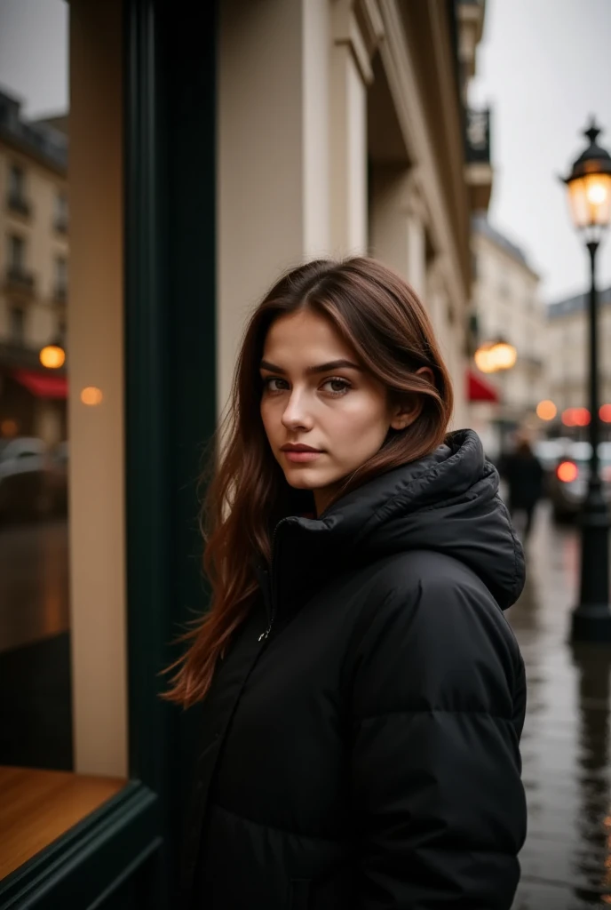 This is a high-resolution photograph of a young woman named maia with long, wavy brown hair, partially covering her face. She has an oval face with delicate features, including high cheekbones, almond-shaped eyes, and full lips. Her skin tone is light, with a smooth texture. She is wearing a black, hooded winter coat with a high collar, suggesting it is cold outside. The coat appears to be made of a thick, water-resistant material.

The background features a Parisian street scene with a blurred, bokeh effect. The woman is standing near a building with a glass window, which reflects the street lights and adds a soft glow to the scene. The building has a beige facade with ornate details, typical of Parisian architecture. To the right, there is a streetlamp with a black pole, and the blurred background reveals other buildings with warm, yellow lights indicating they are occupied.

The overall mood of the photograph is intimate and contemplative, with a focus on the woman's expression and the subtle textures of her coat and hair. The photograph captures the essence of a chilly urban day in Paris, blending the modern and the classic.