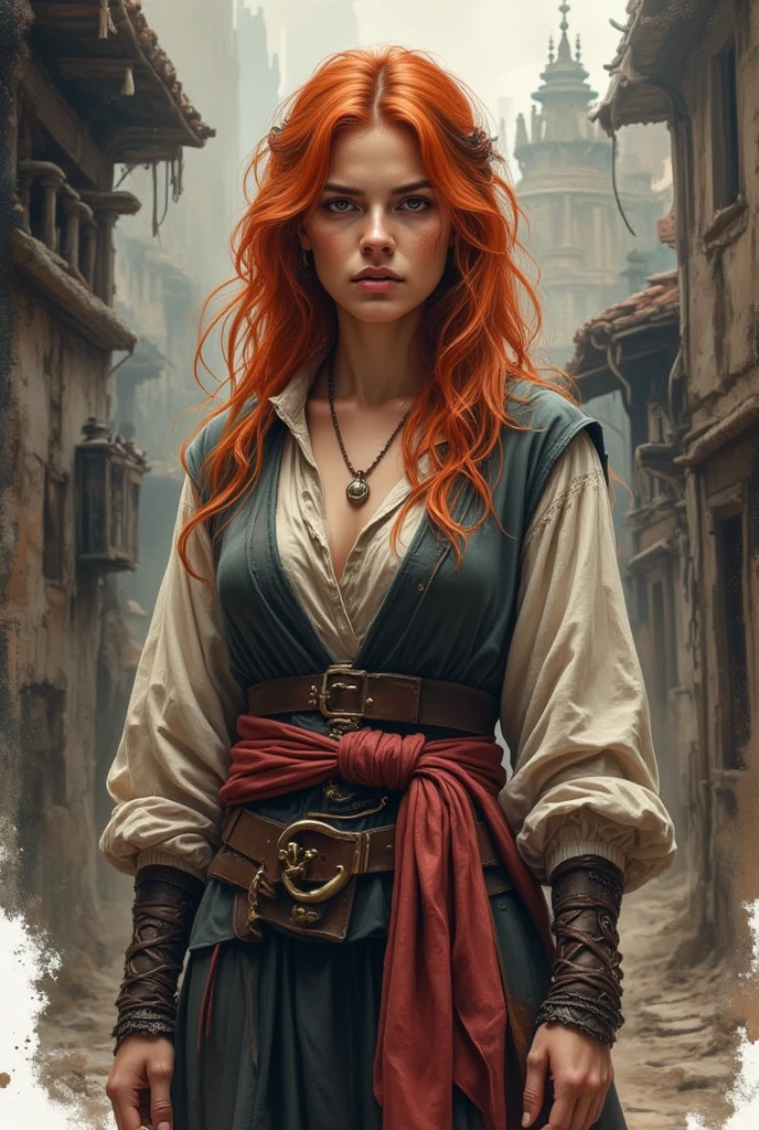 watercolor, wet on wet, paintstreaks, watercolor painting, illustration, Cinematic style fantasy, medieval, pirate, wild, FEmale, HANDSOME, red hair