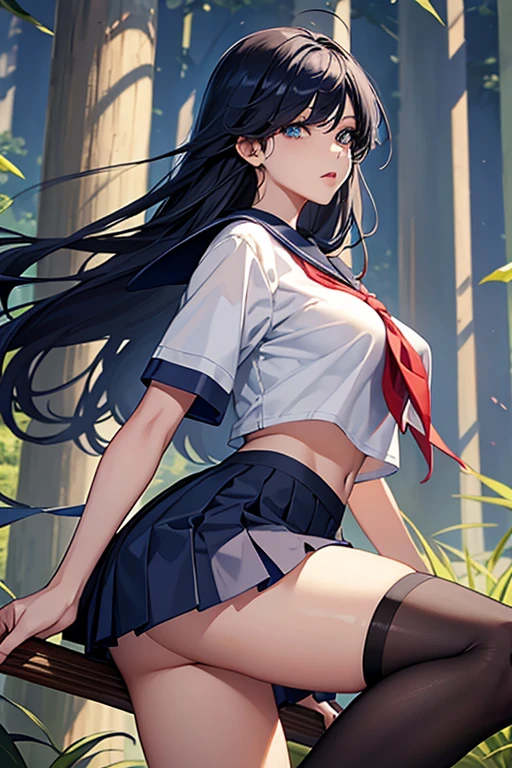 最High image quality, masterpiece, 4K, High image quality,  super high definition, Highest level of detail, CG drawing（ a cool adult seductive woman 、）Hair、Black Hair、It has a glossy finish.。 Hairstyle、Long Hair、 straight（The sideburns are、It is jumping。 長めの前Hair、Take it down、They're all ）（A sexy female swordsman。 It is overflowing with seductive charm.。）He&#39;s quite tall.、Slender、Boobs、Big beautiful breasts。 （Sexually、Attractive body、Sharp、Limbs））Female swordsman with a Japanese sword。
。 （ and 、Sharp Eye、 long lashes）（Blue Eyes。 beautiful eyes、Beautiful Lips。）（Perfect、Beautiful eyes）（To the female swordsman、The elements of girls and girls、Not at all、Mature adult woman）School uniform。 Short-sleeved sailor suit、Belly button。 panties（Glossy、 dark blue super extreme short pleated miniskirt、）、Black socks。

（Deep Forest、Height、In the tall grass、A female swordsman、The attitude of Iai、Is
(The female swordsman、With red cheeks、Angry expression)
 narrow waist、Beautiful shape、 Waistline 、 a toned body 。