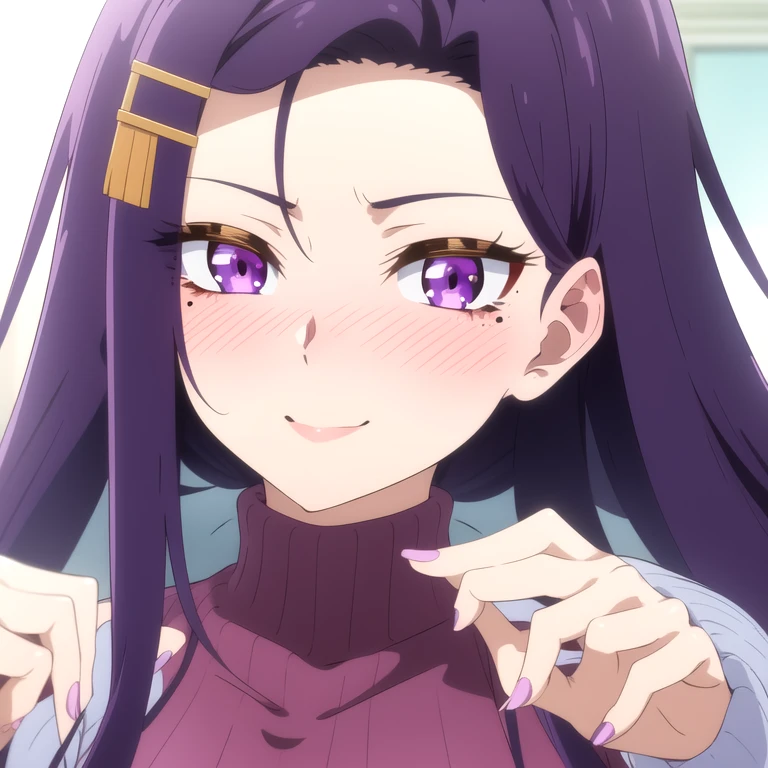 sayuri akino, purple_hair, long_hair, purple_eyes, hair_ornament, blush, hairclip, 1girl, solo, mole_under_eye, looking_at_viewer, smile,      purple_sweater, turtleneck, ribbed_sweater, best_quality, highres, extremely_detailed, anime perfect detailed style, 8k, masterpiece, anime art style, anime coloring,