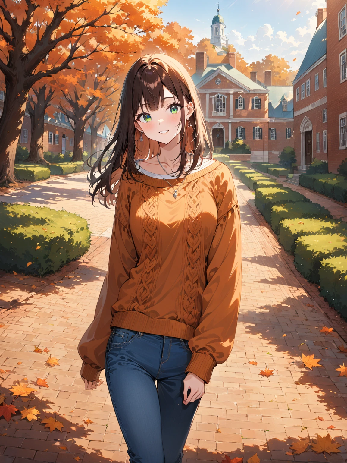 1 girl, original, perfect body, anatomically correct, correct ratio, (girl:1.2), 22 years old, (adult women), (medium straight hair:1.3), (brown hair:1.3), (green eyes:1.1), medium body, medium breasts, smile, simple and casual autumn fashion, loose sweater, denim pants, simple silver necklace, small earrings, college campus background, colonial architecture, brick buildings, historic campus, wide green lawns, old trees, academic quadrangle, William and Mary style, Williamsburg Virginia, students walking, autumn season, sunny day, wide shot, dynamic angles, dynamic poses, (masterpiece, best quality, very aesthetic, absurdres), (8k, RAW photo, best quality), (extremely detailed 8k wallpaper),