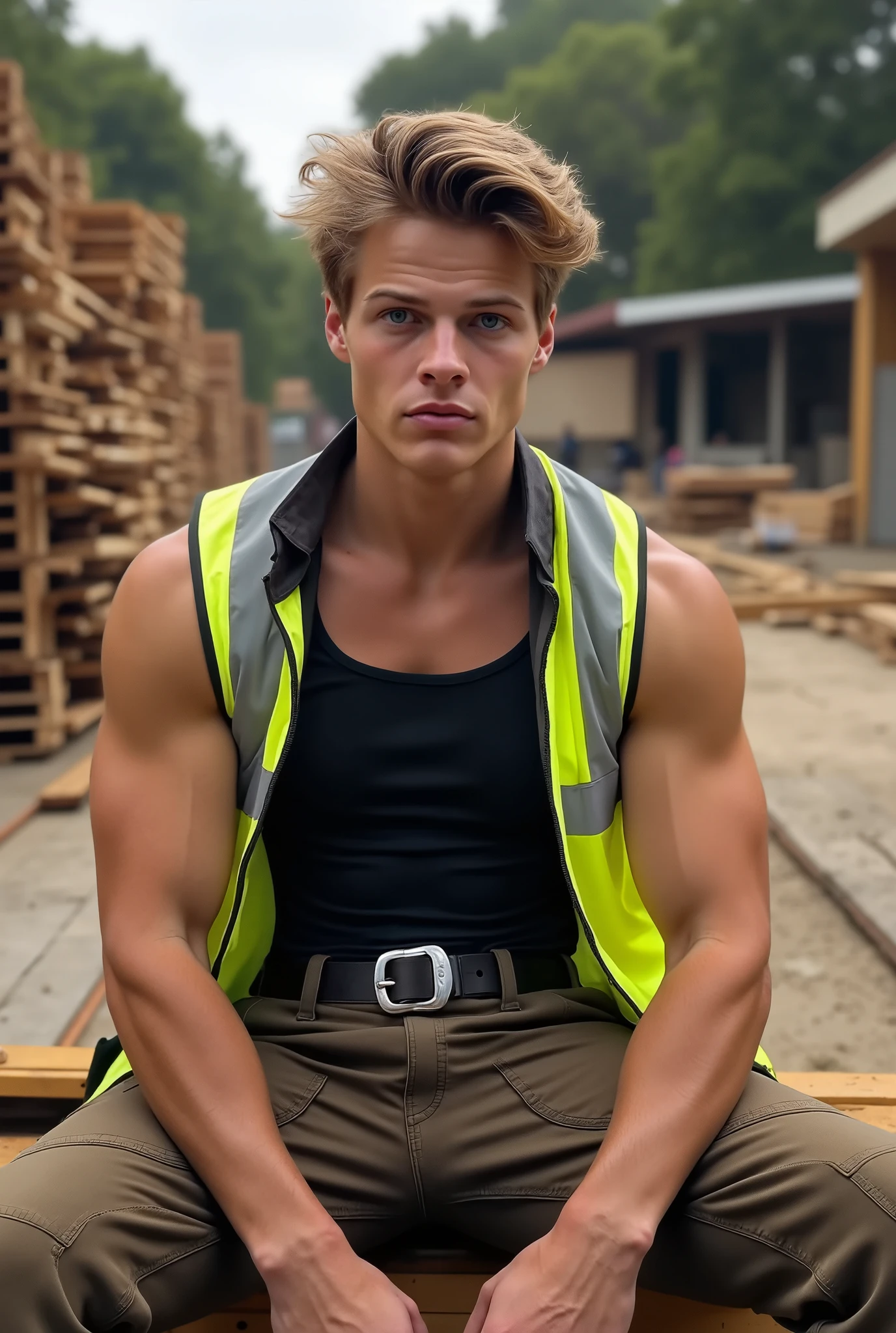 Sam Dezz Sexy Construction Worker, ((masterpiece)), ((best quality:1.2)), High Resolution, 8k, half body image, (ultra_realistic:1.3), (photorealistic:1.4), sharp focus, 1boy, (perfect face), wide angle, handsome, ((tank top, open Hi Vis vest, beige cargo work pants, belt with silver buckle:1.3)), bulge++, blue eyes, short blonde hair, solo, 1boy, sitting on stack of limber wood, legs spread wide:1.2, consturction zone, toned, big biceps,