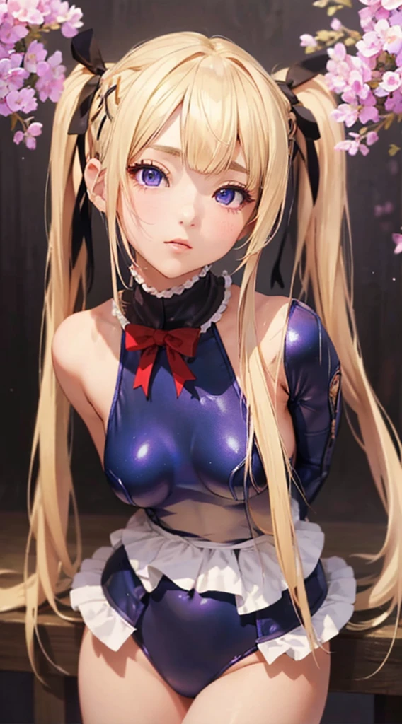 super high quality、Best Quality、masterpiece、 very cute、Marie Rose、 Shiny Beautiful Blonde 、Beautiful Life 、 beautiful hair with highlights、( very small breasts)、 long twin tails 、(shiny purple competitive swimsuit)、Red ribbon、Put your hands behind your back、 very beautiful face 、Detailed face、Detailed eyes、(portrait)、 Professional Proof、forward light、 front angle 