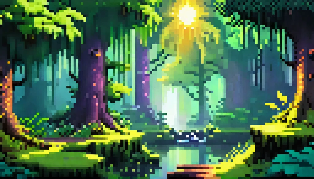 (Pixel art), dark, fantasy, rpg, game asset, create cinematic background picture of a sunny magical forest, wild, hostile, monsters, sunny, magical