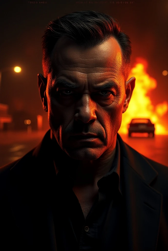 A man with a flat face expression far away with a blank stare looking at the camera, holding a pistol in his left hand, he is dripping with blood from several wounds, strong stance, insanly high detail, ultra high quality, real life realistic, ultra realistic, masterpiece, 8K, ray tracing, far away, black background, faded foggy