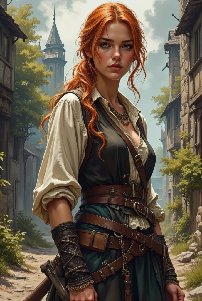 watercolor, wet on wet, paintstreaks, watercolor painting, illustration, Cinematic style fantasy, medieval, pirate, wild, FEmale, HANDSOME, red hair