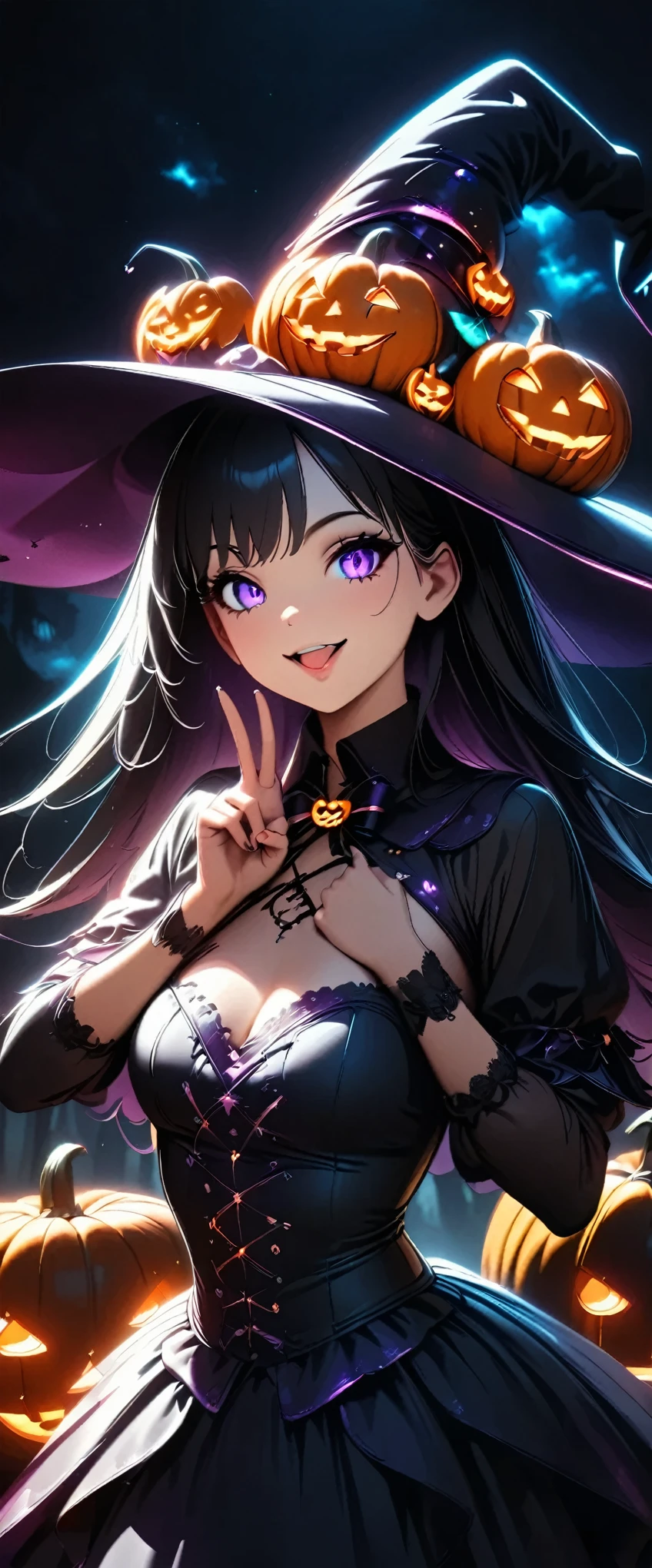  Halloween pumpkins ,  beautiful gothic witch , 1 Girl, Detailed face, Detailed eyes,  Beautiful Detailed Lips , Beautiful Skin, Long black hair, Bright smile, Open your mouth, V sign on the side of the face, Hand Signs, Witch Hat,  black gothic dress ,  neon color magic effect:1.2,  mystical aura of magic , Dark moody lighting, dramatic fog ,  Halloween Pumpkin Objects , Dark forest background, (Best Quality:1.2,  very detailed,  super high definition,  high contrast , masterpiece:1.2, Best aesthetics),  dark fantasy art , Cinematic lighting, Dramatic Shadows,  moody color palette , orange and purple tones