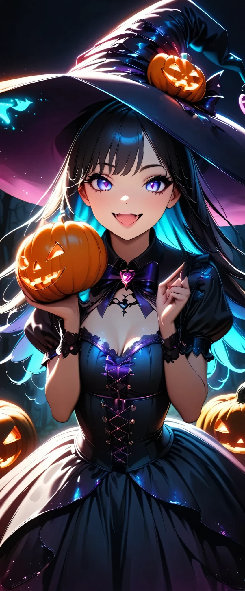  Halloween pumpkins ,  beautiful gothic witch , 1 Girl, Detailed face, Detailed eyes,  Beautiful Detailed Lips , Beautiful Skin, Long black hair, Bright smile, Open your mouth, V sign on the side of the face, Hand Signs, Witch Hat,  black gothic dress ,  neon color magic effect:1.2,  mystical aura of magic , Dark moody lighting, dramatic fog ,  Halloween Pumpkin Objects , Dark forest background, (Best Quality:1.2,  very detailed,  super high definition,  high contrast , masterpiece:1.2, Best aesthetics),  dark fantasy art , Cinematic lighting, Dramatic Shadows,  moody color palette , orange and purple tones