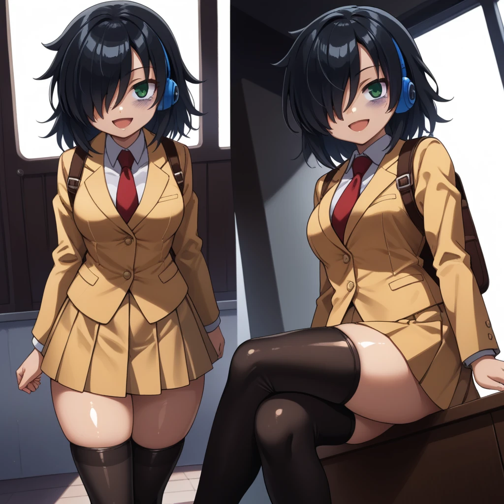 score_9, score_8_up, score_7_up,, solo, source_anime, tomokoxl, bags under eyes, hair over one eye black hair, medium hair, school uniform, red necktie, yellow skirt, short skirt, pleated skirt, yellow jacket, standing, cowboy shot, sitting, crossed legs, thick thighs, shiny skin, focus in crossed legs, underwear, white underwear, shiny underwear, lace underwear, white lace underwear, shiny lace underwear, panties, white panties, shiny panties, only crossed legs pose, sexy crossed legs, perfect crossed legs, sexy legs, big thighs, oiled thighs, oiled legs, smile, open mouth, glowing green eyes, evening time, dark room, breast, big breast, sheer knee highs, black knee highs, black sheer knee highs, backpack, leather backpack, brown backpack, focus in crossed legs, focus in legs, blushing, no shoes, cute feet, cute legs, panchira, huge legs, huge thighs, headphones, blue headphones, Beats Studio headphones, blue Beats Studio headphones, Multiple Views, Dutch Angle,