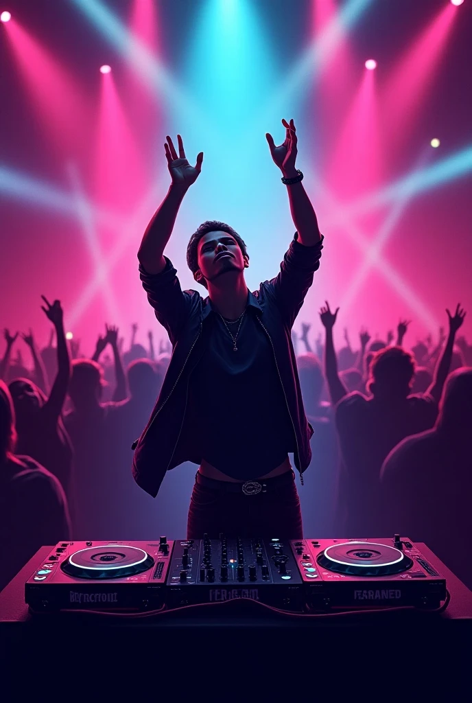 A man in front of a dj behind him dancing people he wearing dancing outfit with headphones, sunglasses,playing a dj with rock on