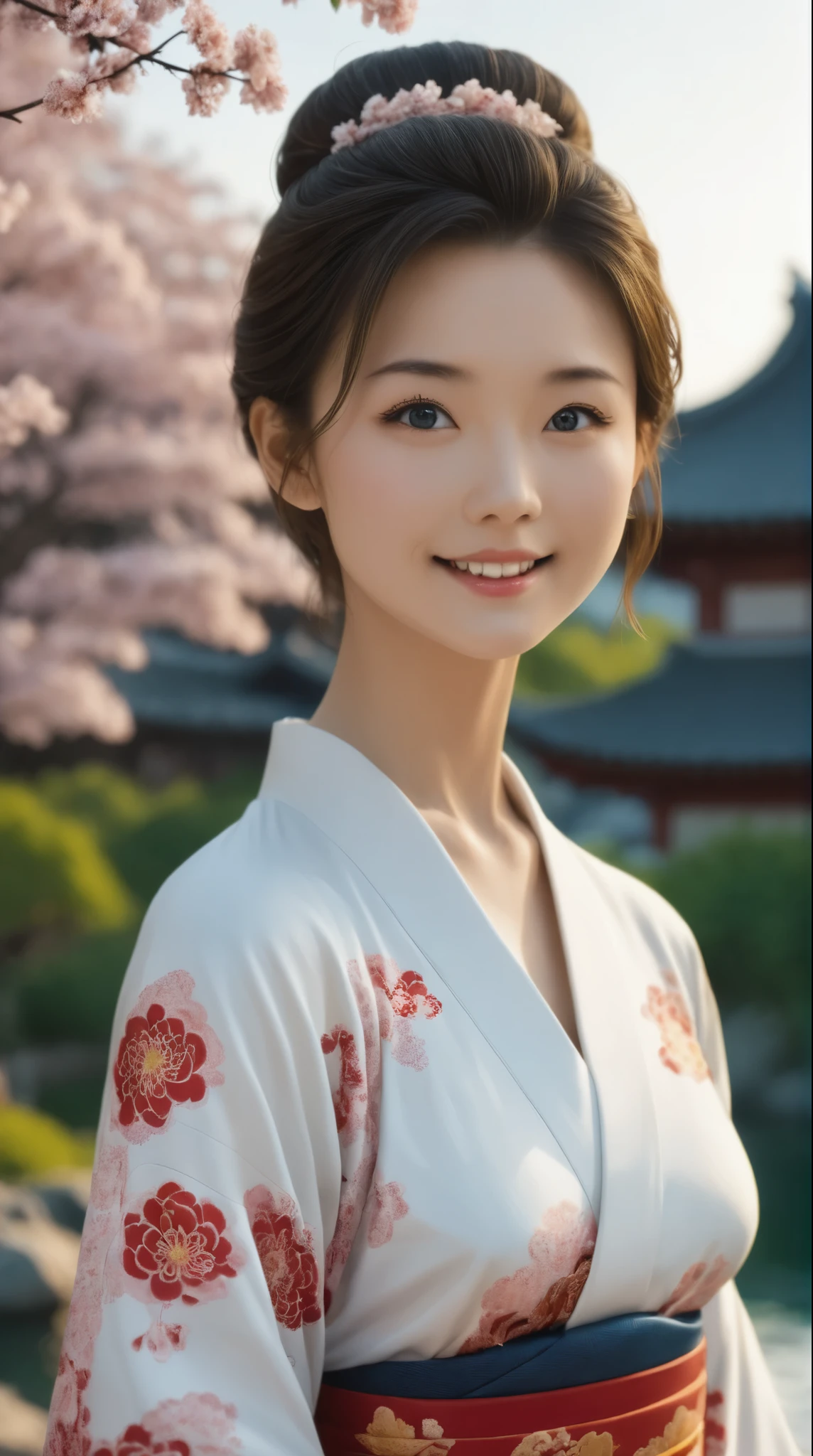 Digital portrait of a Japanese short-haired woman, Beautiful Face, My hair is disheveled,Rolling,  cinematic , Unreal Engine 5, Beautiful, Incredible Color Grading, kimono,Japanese Dress, in the same way, photograph, Cinematography, art、smile