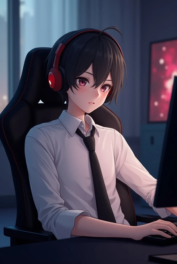 Make a adult 18 years realistic anime boy white shirt and black tie and red headphone sitting in a gaming chair and relax reaction to the right side seeing on moniter 