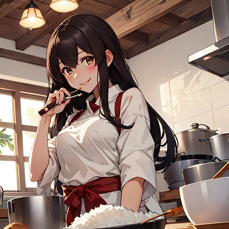 akagi_kantaicollection
long_hair, brown_hair, brown_eyes, muneate, tasuki, smile
(masterpiece:1.4),(best quality:1.4), (premium:1.4), (great illustration:1.4), (ultra-detailed:1.4),(art CG,8K),1girl solo,full body, blush,smile,KonishiCSA,
eating rice,kitchen,apron,(Gourment Collection:1.4)
