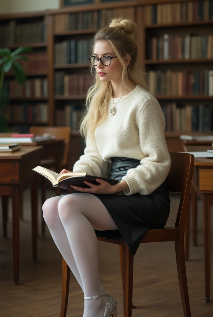 russian 25 years old, middle yellow hair girl, reading a book in a library, wearing white skirt, white long socks, eye glasses, yellow hair, realistic, huge chest