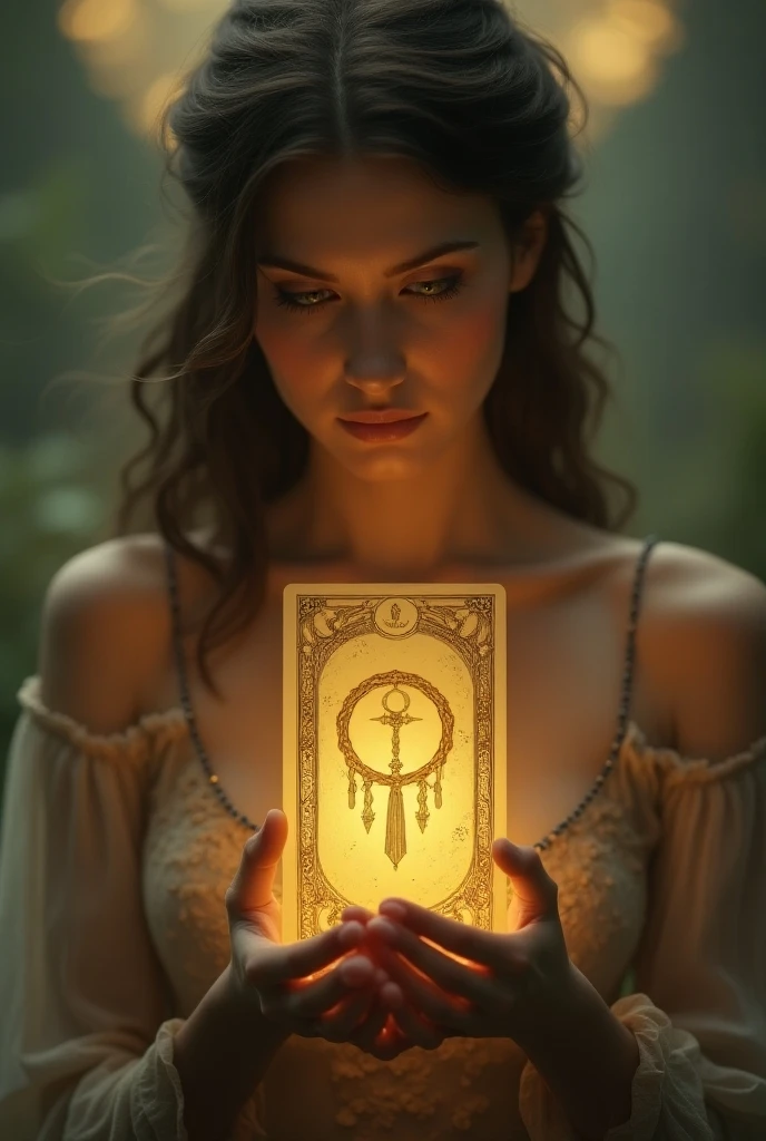 "Create an animated image of a woman holding The Justice tarot card. The woman should have an elegant and mysterious appearance. The background should feature The Hermit tarot card with a dark, moody ambiance, emphasizing deep shadows and subtle lighting. The overall atmosphere should evoke a sense of introspection and justice. The woman and the background should blend seamlessly to create a cohesive and atmospheric scene."