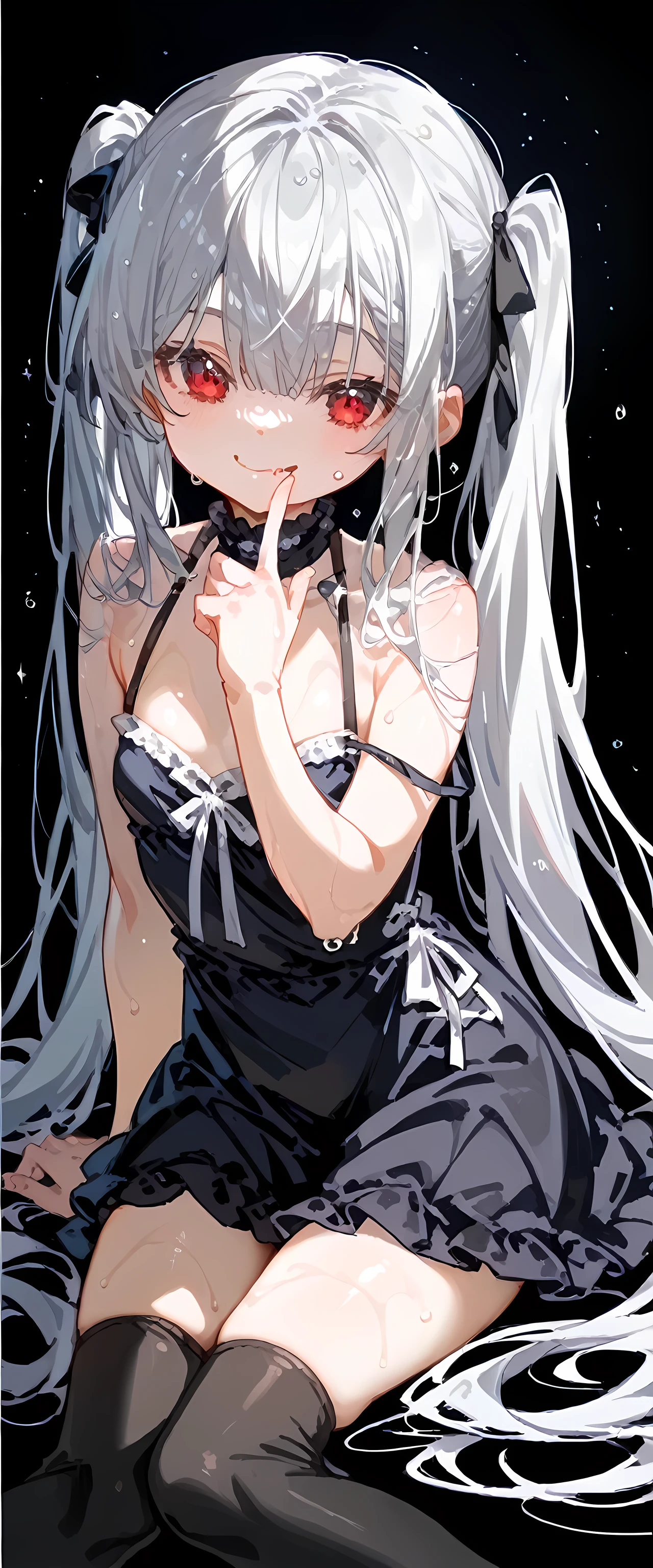 ((( black background)))( High ReSolution の傑作, 超 High ReSolution , high  detailS,  High ReSolution モデル,  beSt quality:1.2), Girl , white Skin,Oily, Sweaty Skin,  Sparkling Silver BangS ,  highlight color hairStyle,Inner Color, Behind the ear, wet hair ,Silver twintailS , Diagonal bangS, Hair covering the eyeS:1.3,  Cookhold Subjective (maSterpiece:1.5), Super  detailSed,  High ReSolution , 8k,  Beautiful Sparkling Red EyeS 、 detailS, 1 cute girl, S , Small breaStS,Small breaStS, Girly DreSS Goth Outfit ,Evil Fang Smile ,Fang Smile,pantS,ExpoSe,Black tightS,twintailS,
