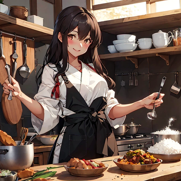 akagi_kantaicollection
long_hair, brown_hair, brown_eyes, muneate, tasuki, smile
(masterpiece:1.4),(best quality:1.4), (premium:1.4), (great illustration:1.4), (ultra-detailed:1.4),(art CG,8K),1girl solo,full body, blush,smile,KonishiCSA,
eating rice,kitchen,apron,(Gourment Collection:1.4)
