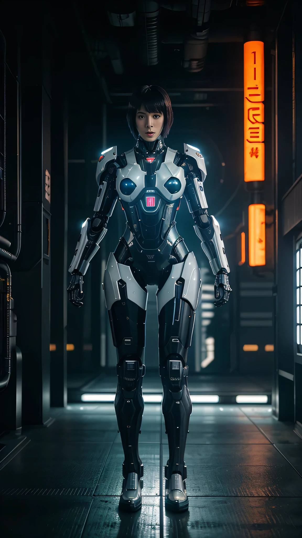 (HD quality, 8K), (Clear, high-quality rendering), (Weapons of the future). Anthropomorphic character - Cyborg, Ghost in the Shell. Dark Mechanoid, cybernetic robot machine. (Urban interior)., Cyborg, android, metal, plastic, wires, technological equipment. Heavy weapons on hands, turbines, nozzles, wings, powerful torso. Hard metal, very high cybernetic gothic, weapons, mechanisms, combat robots, equipment, and wires curl to the floor. Military robot. cyberpunk, modern. White and black plastic, aluminum, polished artificial stone, 3D architectural printing. White and black with gold. The stage is in twilight. The central part is well lit from above, (Cyberpunk, futurism), "Ghost in the Shell" Japanese anime.
Interior lighting, warm light - cold shadows, matrix geometry, alien highly developed civilization. Warm bright - contrasting light, light cold shadows, clear image of details, texture, decor (high image quality), (unreal engine). Stylization Animation, Japanese cyberpunk anime, Blade Runner. Sh.R. Giger "Alien".