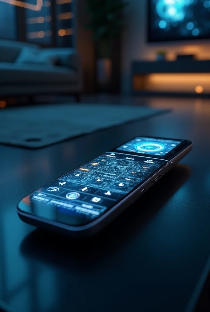 Image of a television remote control with a futuristic Android cyber plasma screen