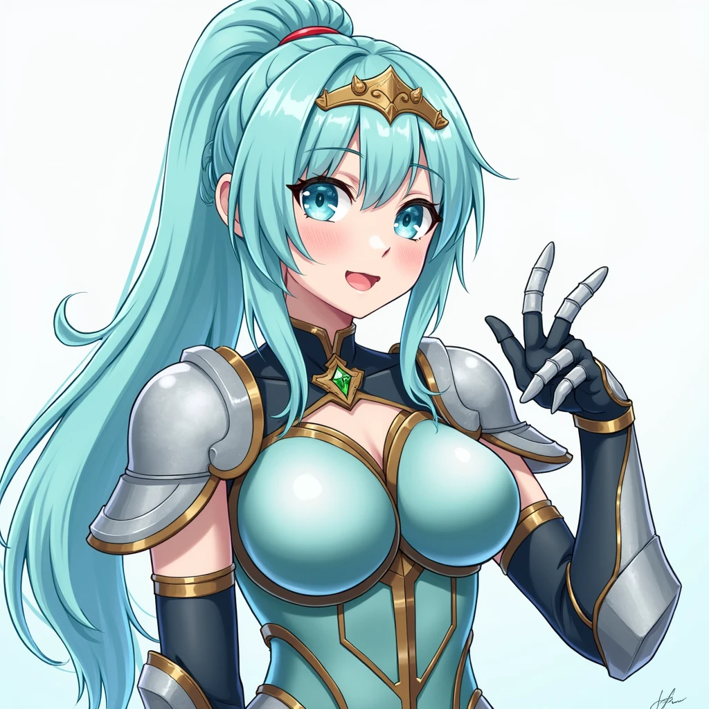 pnmdef, aqua eyes, aqua hair, long hair, ponytail, tiara, large breasts, armor, gloves