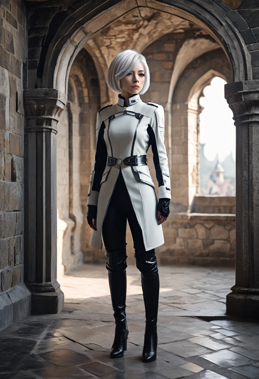 Futuristic character, Full body, slim body, short hair, white hair, standing in the castle.
