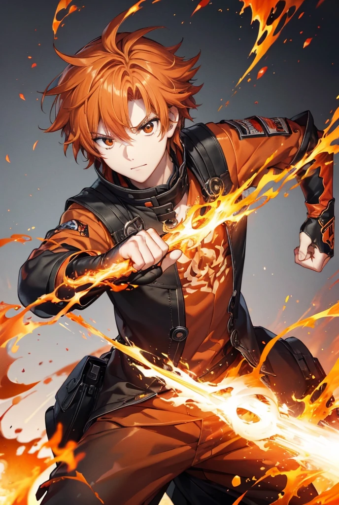 male、male性、 High Resolution ,  Orange Hair 、wielding a fist 、Wearing flames、fire effect、Bad face、male性