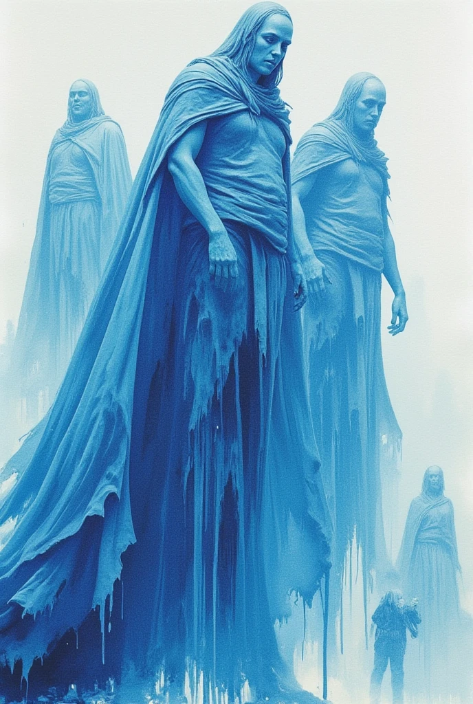 watercolor, wet on wet, paintstreaks, watercolor painting, illustration, Cinematic style giants are depicted as immense, ethereal beings that tower over the landscape, dwarfing everything around them. They have elongated, humanoid forms blue pale skin. Giants look like bald woman. Fantasy world character. Colossal woman blue pale skin. Wearing only an old ragged piece of cloth. dark Fantastic art style.