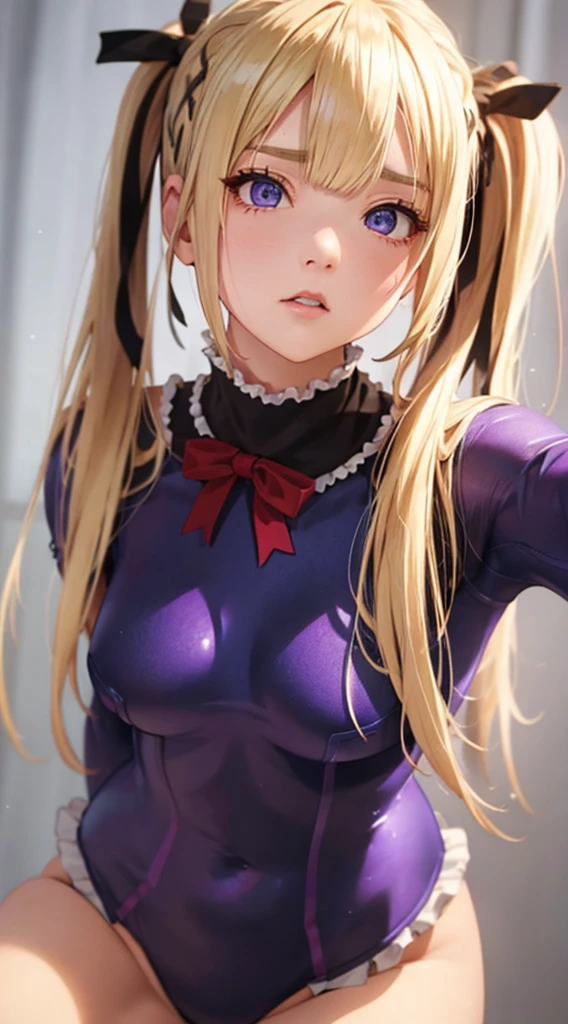 super high quality、Best Quality、masterpiece、 very cute、Marie Rose、 Shiny Beautiful Blonde 、Beautiful Life 、 beautiful hair with highlights、( very small breasts)、 long twin tails 、(shiny purple competitive swimsuit)、fear、Frightened expression、Red ribbon、Put your hands behind your back、 very beautiful face 、Detailed face、Detailed eyes、(portrait)、 Professional Proof、forward light、 front angle 