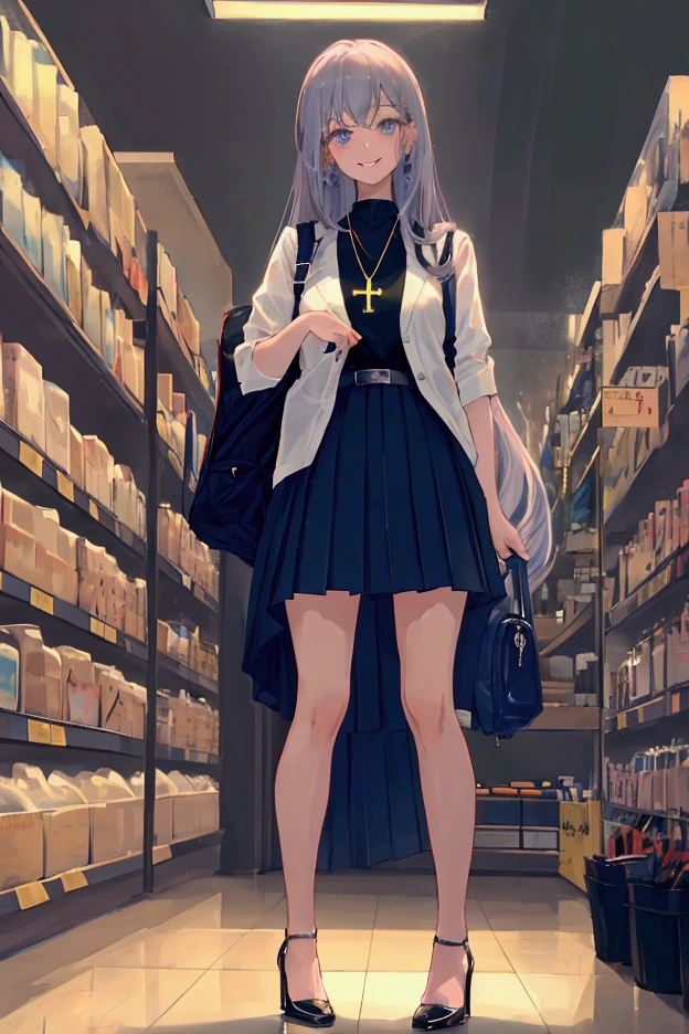 masterpiece  ,   Best quality,  HD,  in Supermarket,  on shelves with alcohol,  girl,  sensual,  sexy , bluesilver hair,  very very very long hair,  school clothes,  black,  short pleated skirt, schwarz,  transparent over the knee ,schwarz , necklace, Cross,  blue-gray eyes ,  standing slightly on tiptoes, taking something from the top shelves, smiles, high heels sexy shoes, backpack on back, 