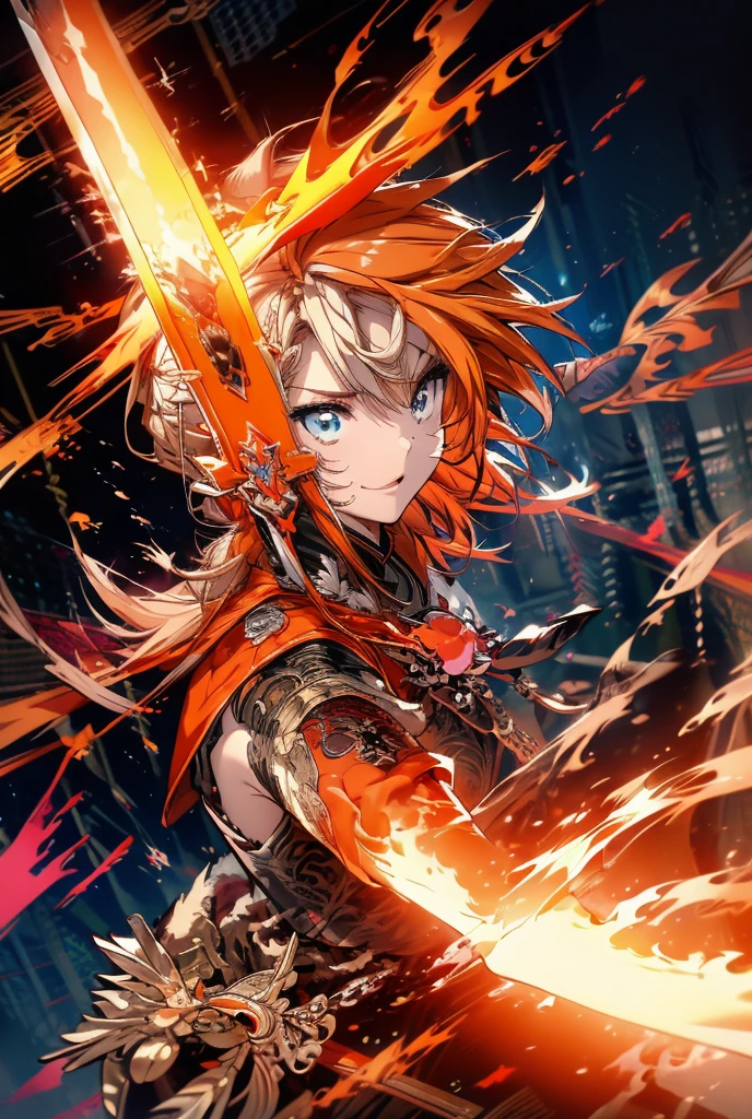 male、male性、 High Resolution ,  Orange Hair 、wielding a fist 、Wearing flames、fire effect、Bad face、male性