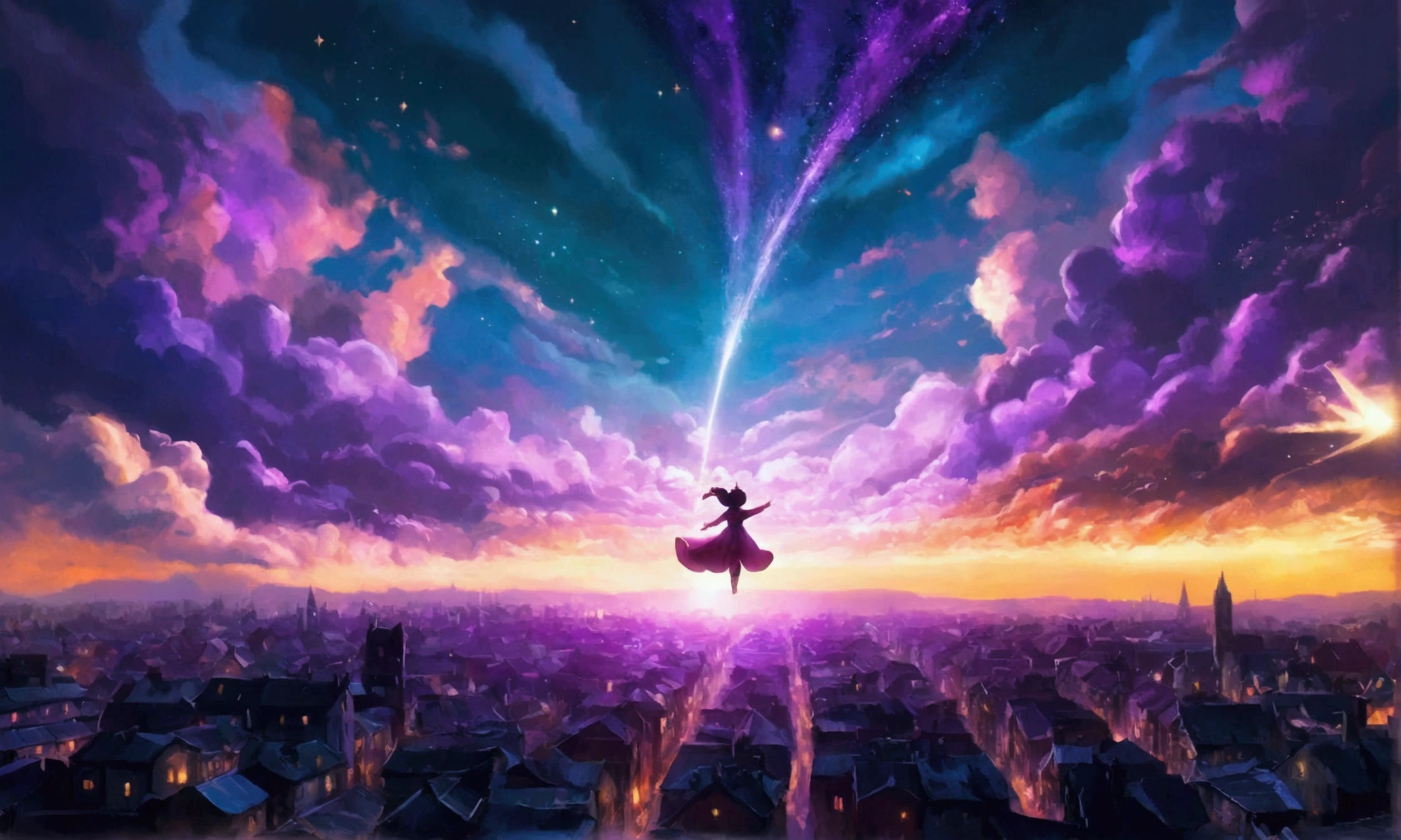 Frieren flying, background with a blur city below, she is releasing magic, shine on her body, purple shine, it is a late night, the city is a villager
