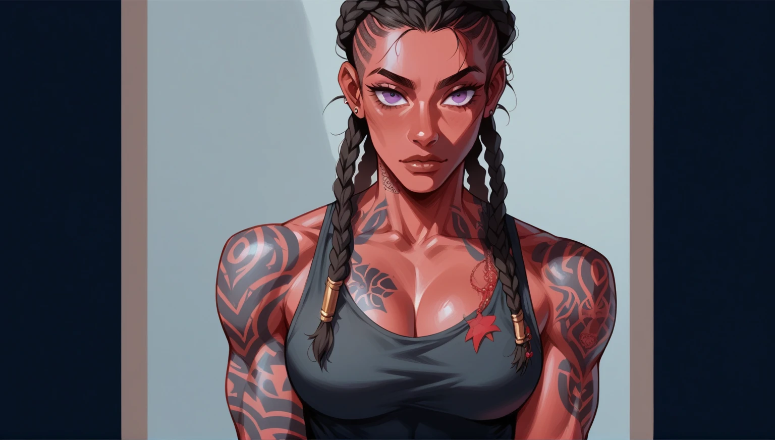 A young woman with red skin, black hair styled in a braided bob, African braid, and purple eyes, wearing streetwear. She has visible street tattoos on her muscular, Athletic,big breast,animé